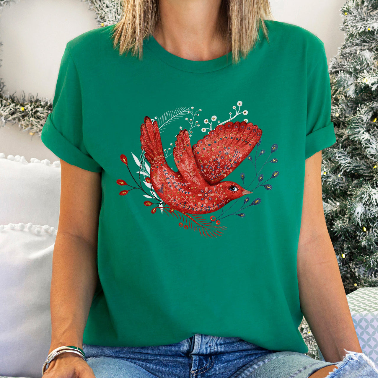 Red Bird Folk Art Scandinavian Winter Christmas Patterned Illustration Graphic Tee