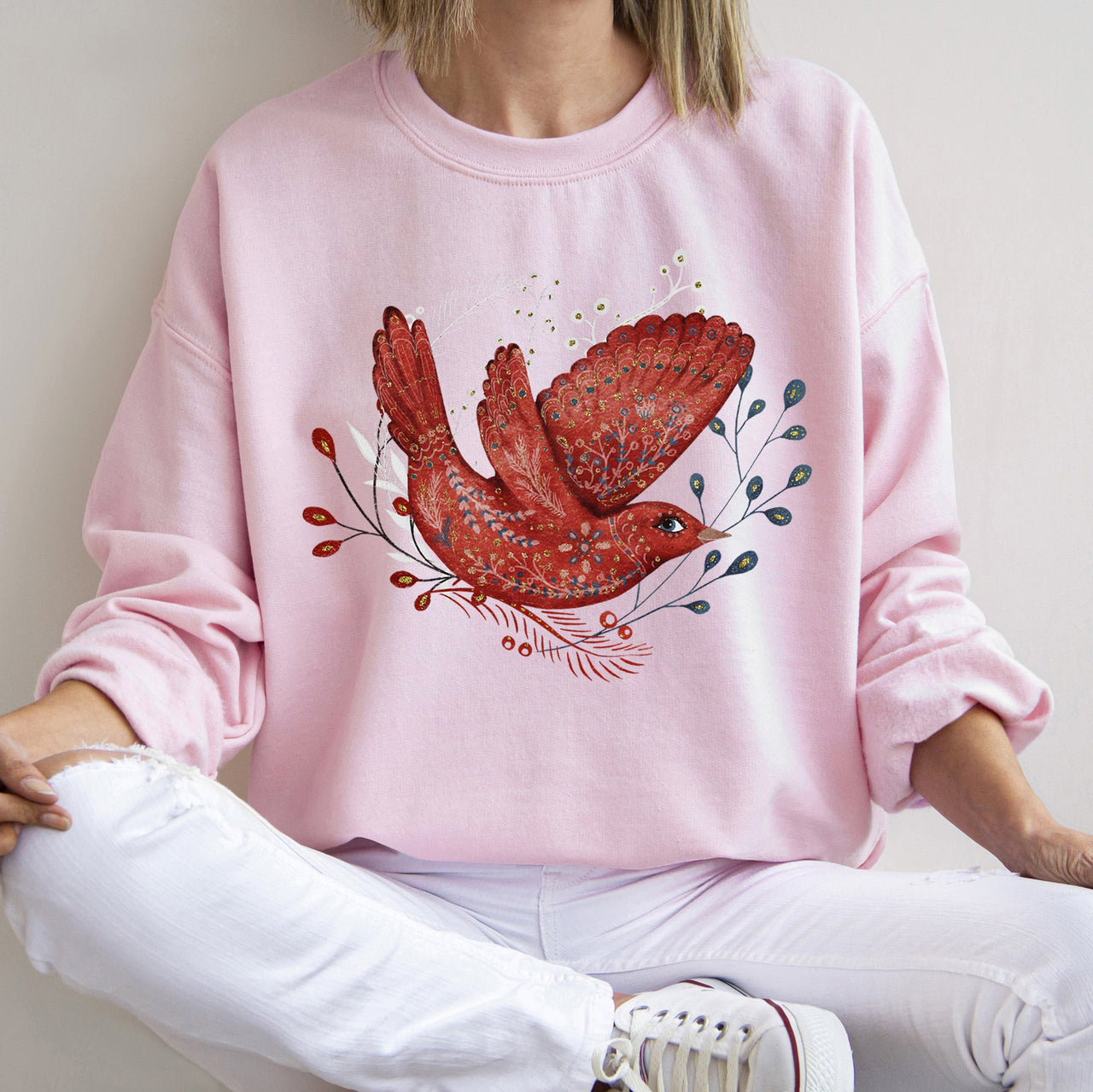 Red Bird Folk Art Scandinavian Winter Christmas Scene Cozy Festive Holiday Sweatshirt