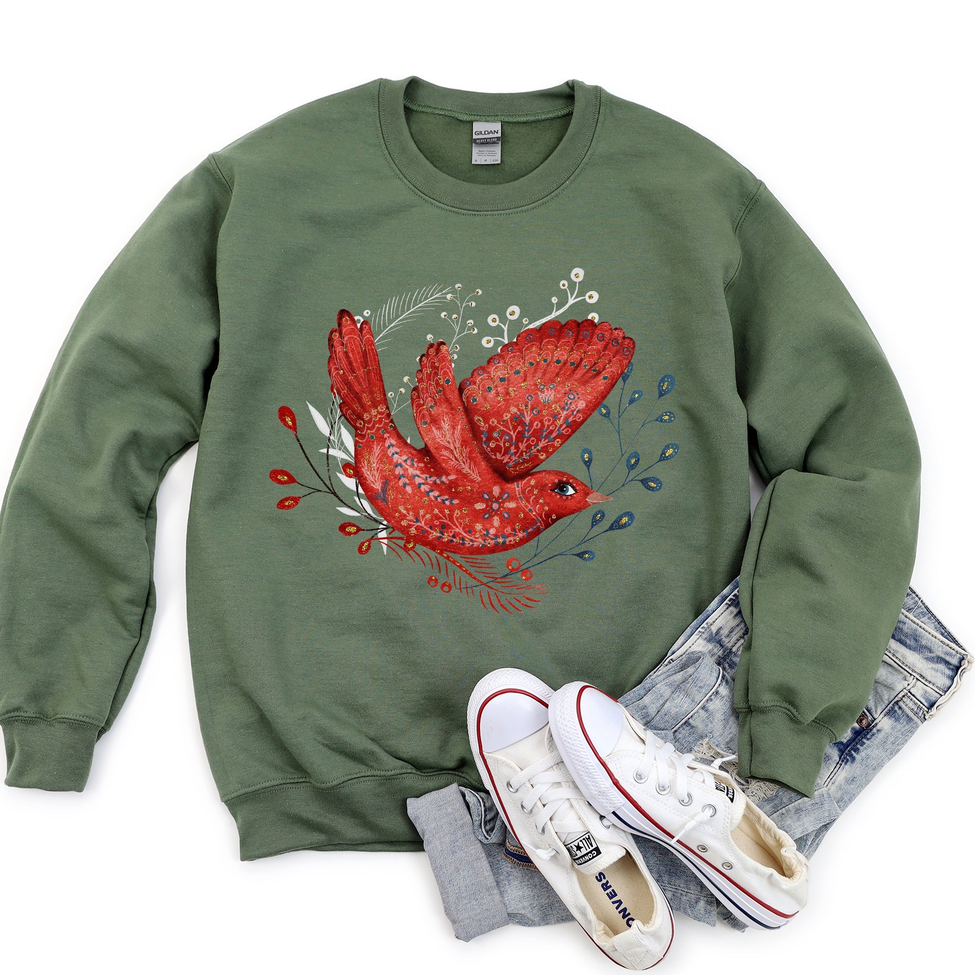 Red Bird Folk Art Scandinavian Winter Christmas Scene Cozy Festive Holiday Sweatshirt