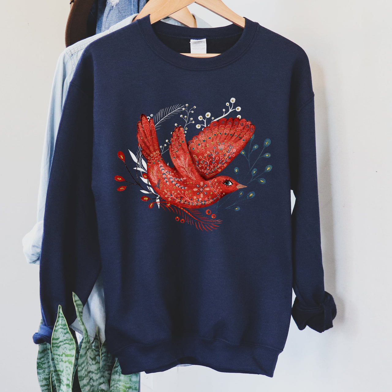 Red Bird Folk Art Scandinavian Winter Christmas Scene Cozy Festive Holiday Sweatshirt