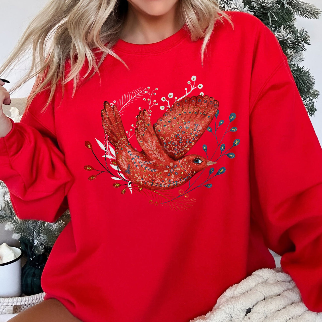 Red Bird Folk Art Scandinavian Winter Christmas Scene Cozy Festive Holiday Sweatshirt
