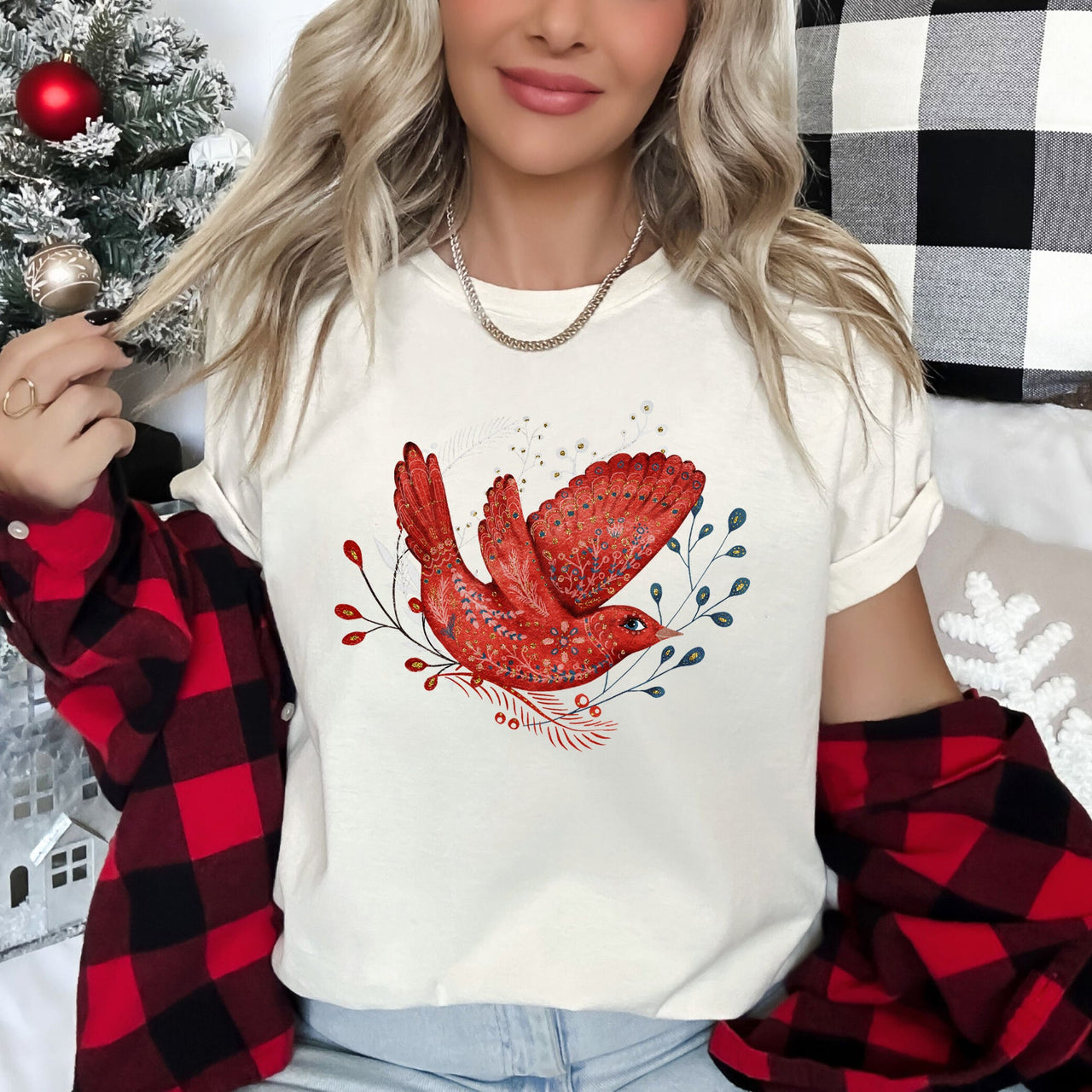 Red Bird Folk Art Scandinavian Winter Christmas Patterned Illustration Graphic Tee