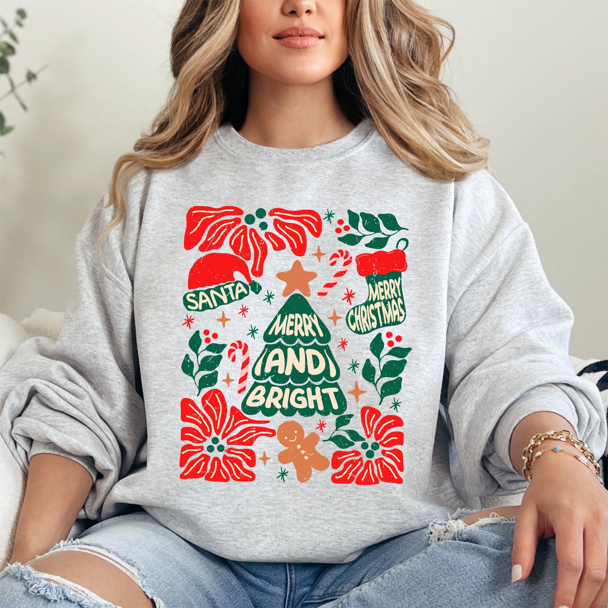 Merry And Bright Christmas Candy Cane Tree Floral Holiday Cheer Design Sweatshirt