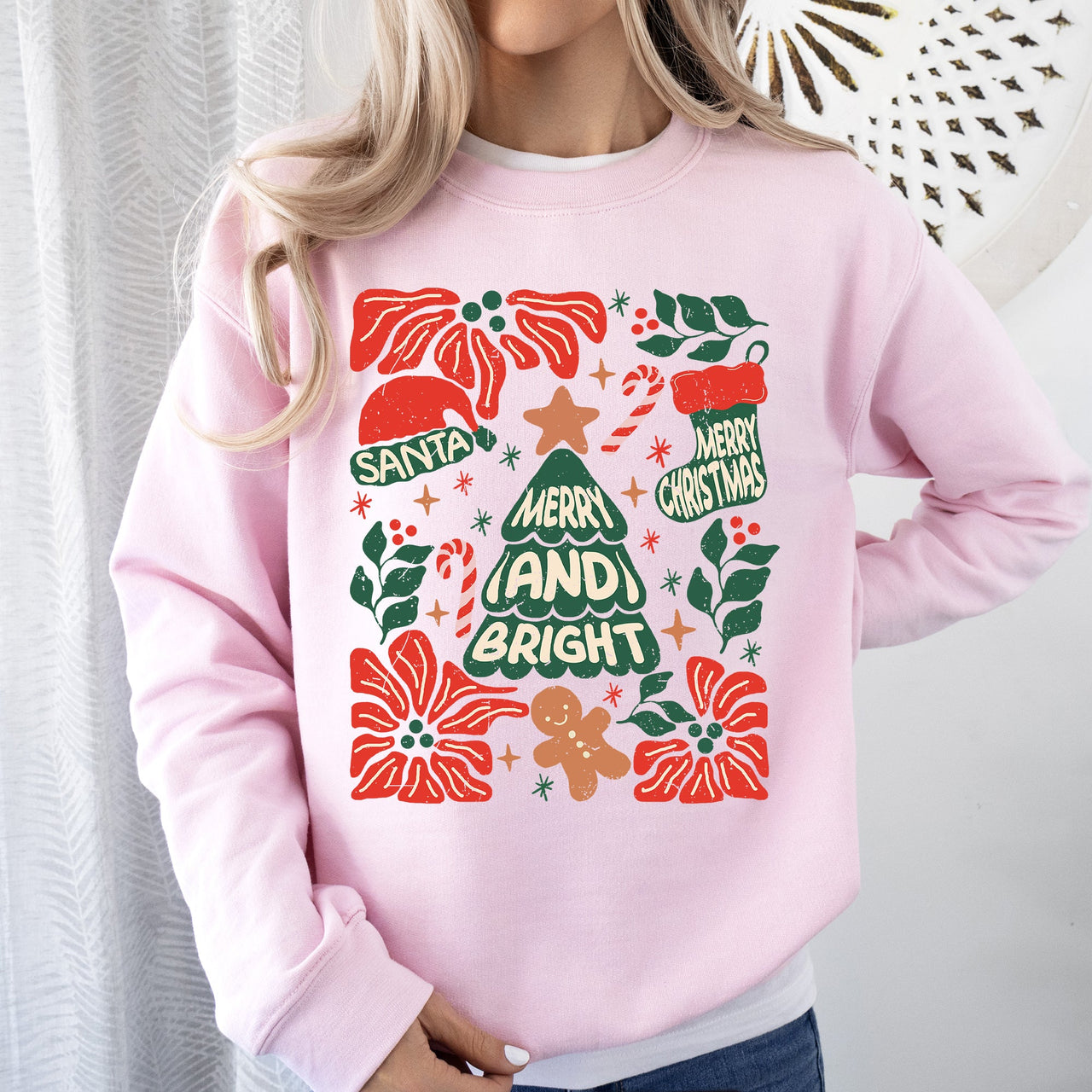 Merry And Bright Christmas Candy Cane Tree Floral Holiday Cheer Design Sweatshirt
