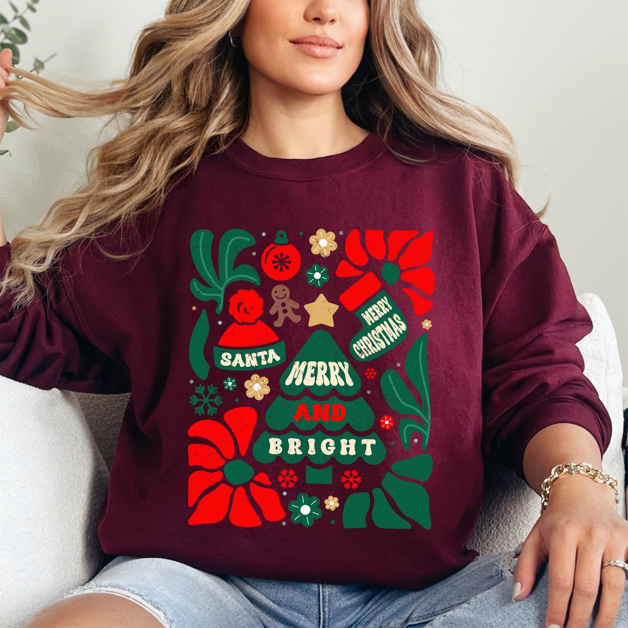 Merry And Bright Floral Ornament Tree Christmas Pattern With Festive Flowers Sweatshirt