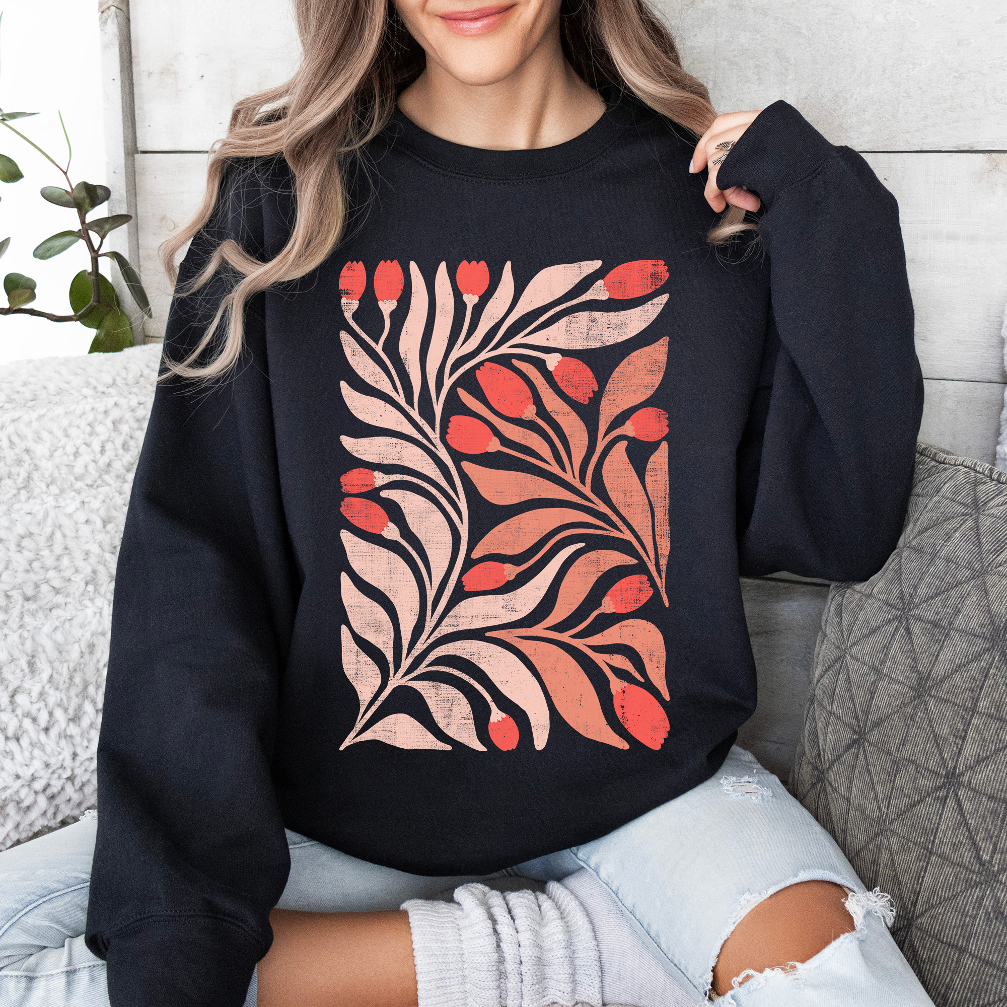 Red Tulip Flower Pattern Vintage Boho Nature Inspired Floral Motif With Rustic Charm Sweatshirt