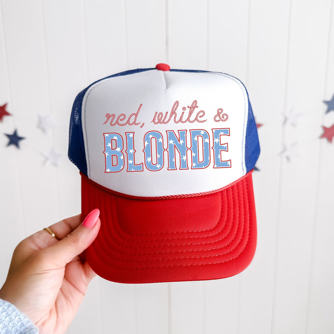 Red White And Blonde Sassy Patriotic Independence Day USA Flag Pride Edition Trucker Hat