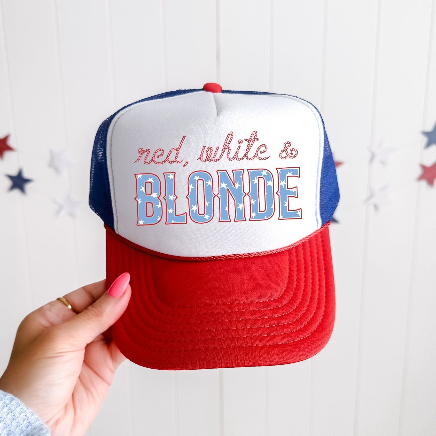 Red White And Blonde Sassy Patriotic Independence Day USA Flag Pride Edition Trucker Hat