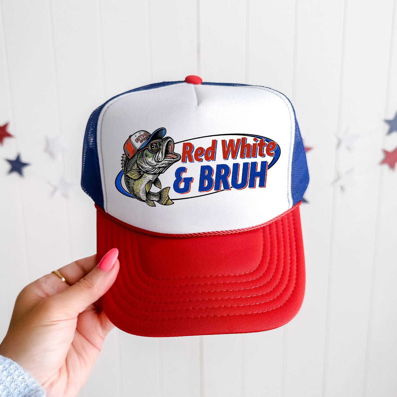 Red White and Bruh Bass Fishing Patriotic Americana Flag Tribute Collection Trucker Hat