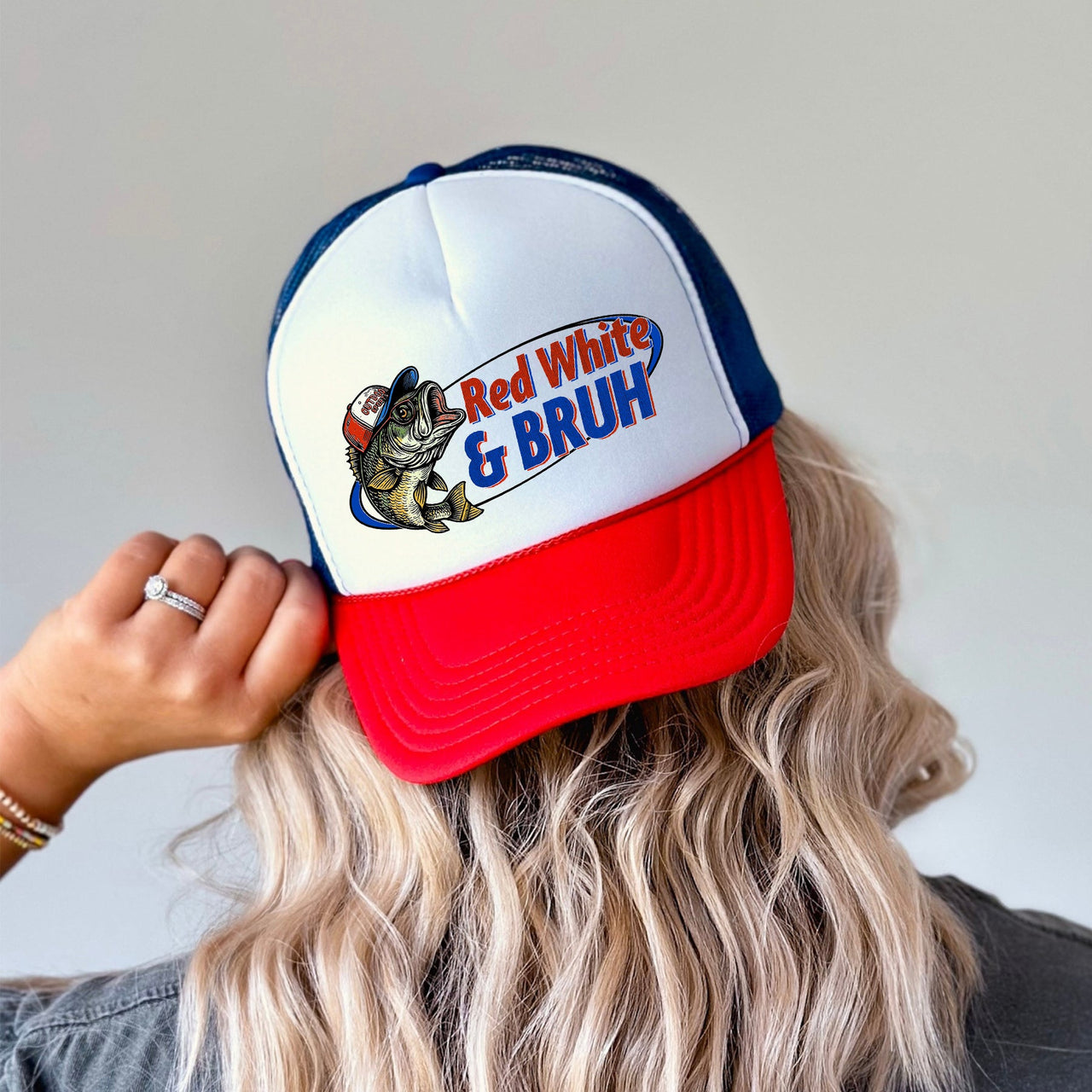 Red White and Bruh Bass Fishing Patriotic Americana Flag Tribute Collection Trucker Hat
