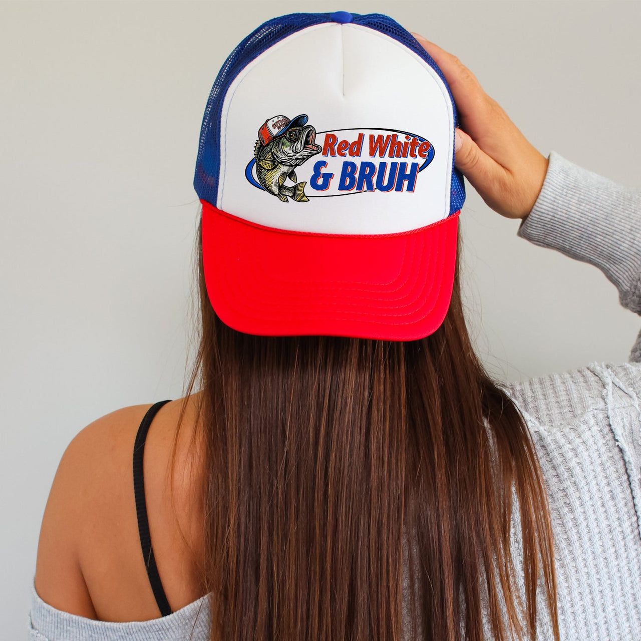 Red White and Bruh Bass Fishing Patriotic Americana Flag Tribute Collection Trucker Hat