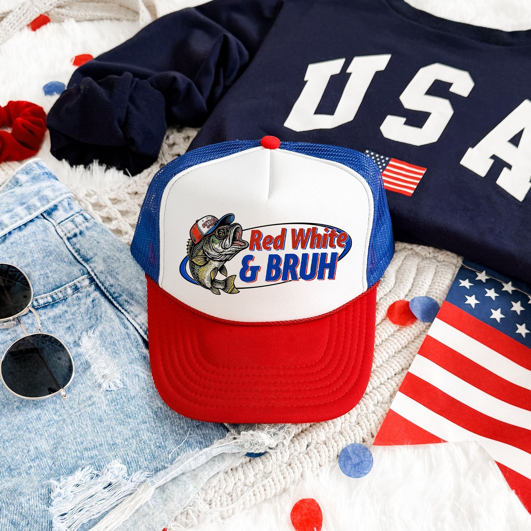 Red White and Bruh Bass Fishing Patriotic Americana Flag Tribute Collection Trucker Hat