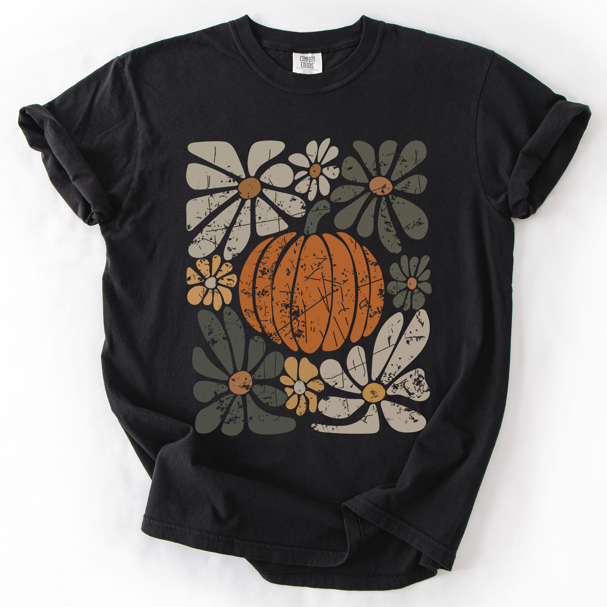 Retro Autumn Pumpkin and Flowers Watercolor Garden Scene Halloween Vibes Comfort Colors Tee