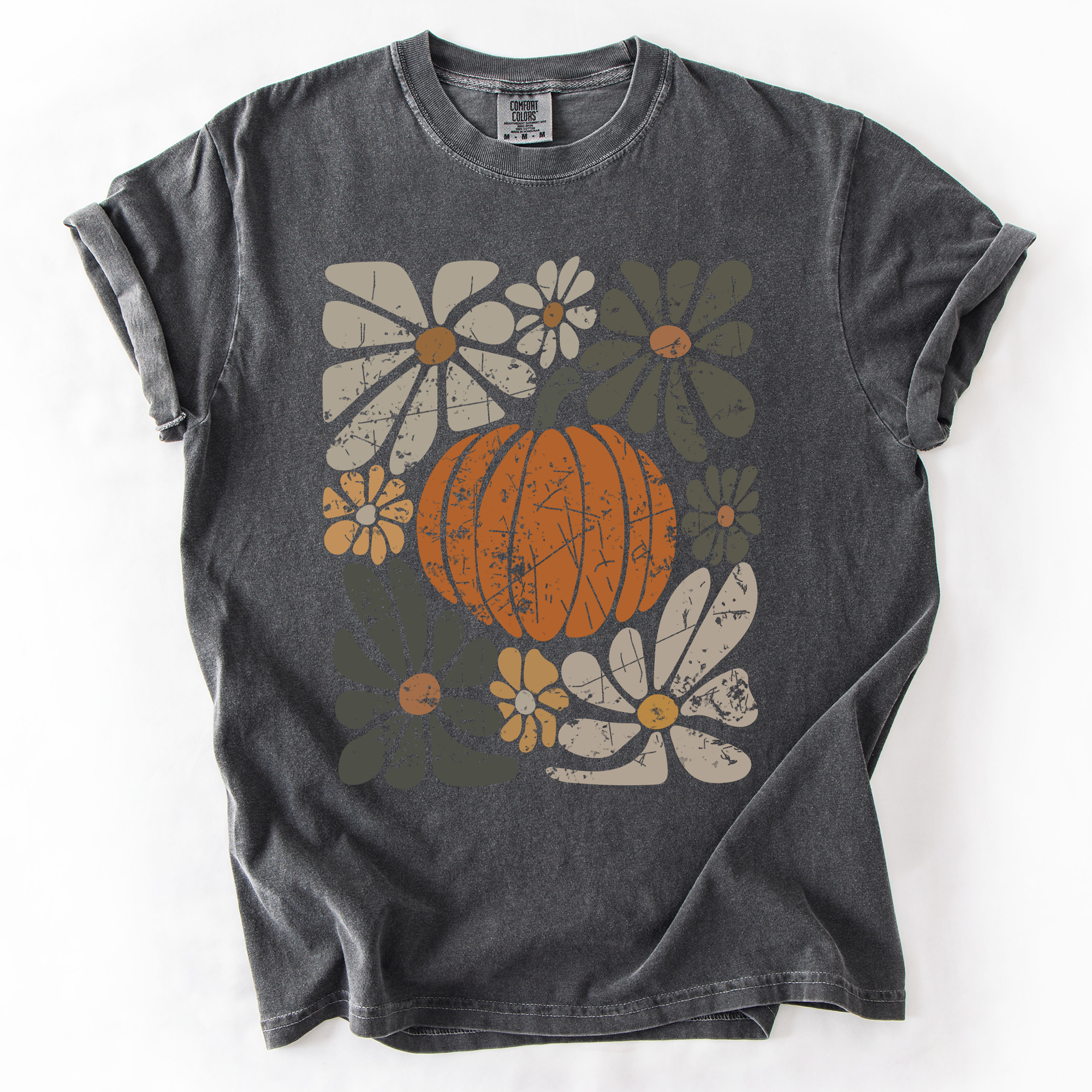 Retro Autumn Pumpkin and Flowers Watercolor Garden Scene Halloween Vibes Comfort Colors Tee