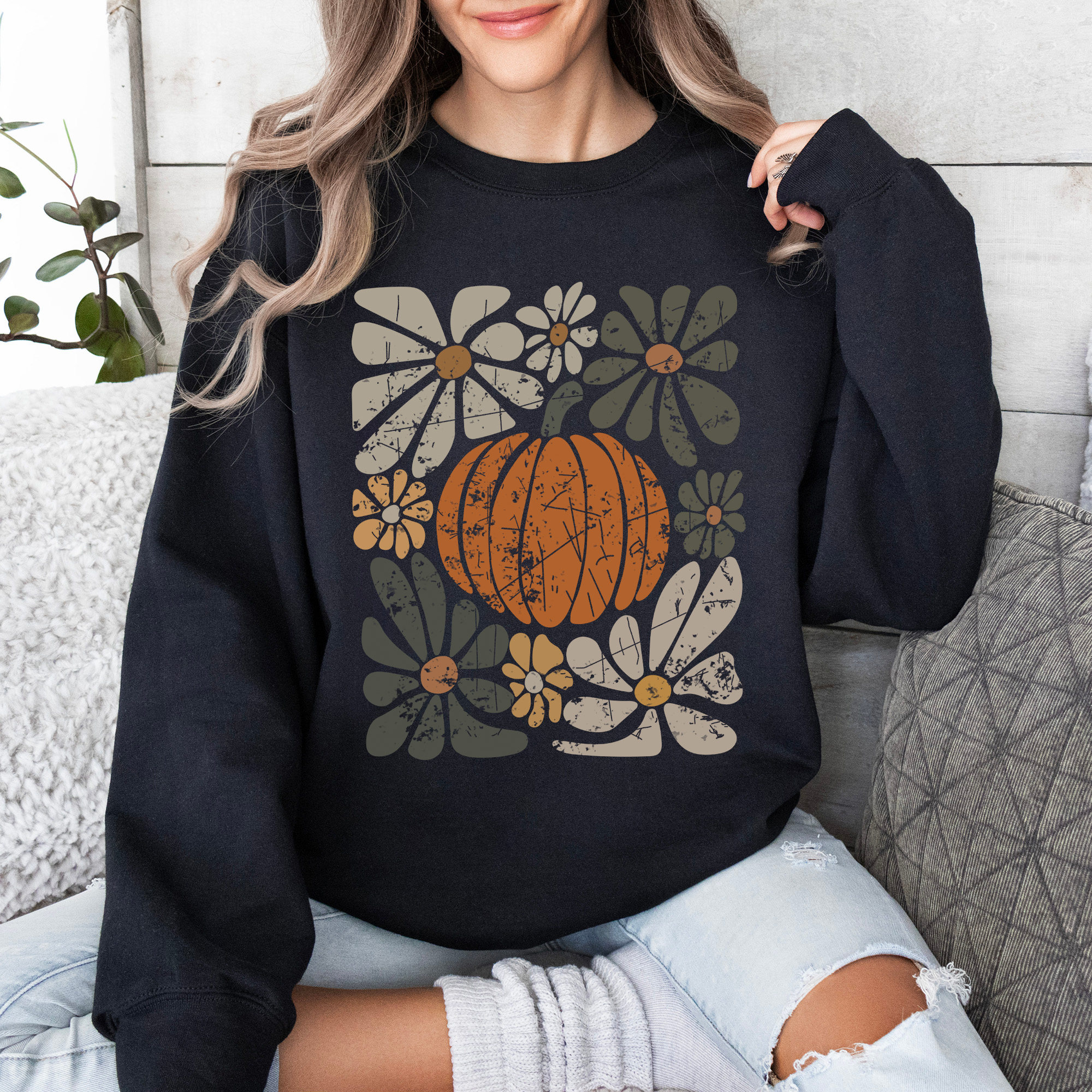 Retro Autumn Floral Pocket With Sunflowers Pumpkins Leaves And Seasonal Cozy Charm Sweatshirt