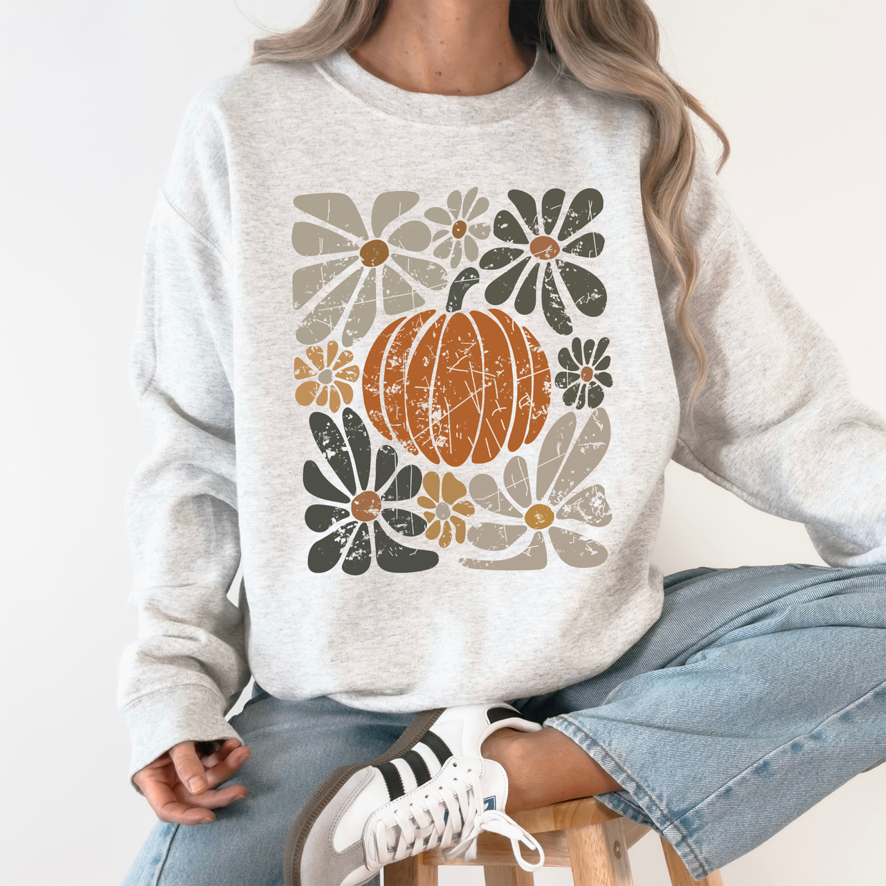 Retro Autumn Floral Pocket With Sunflowers Pumpkins Leaves And Seasonal Cozy Charm Sweatshirt