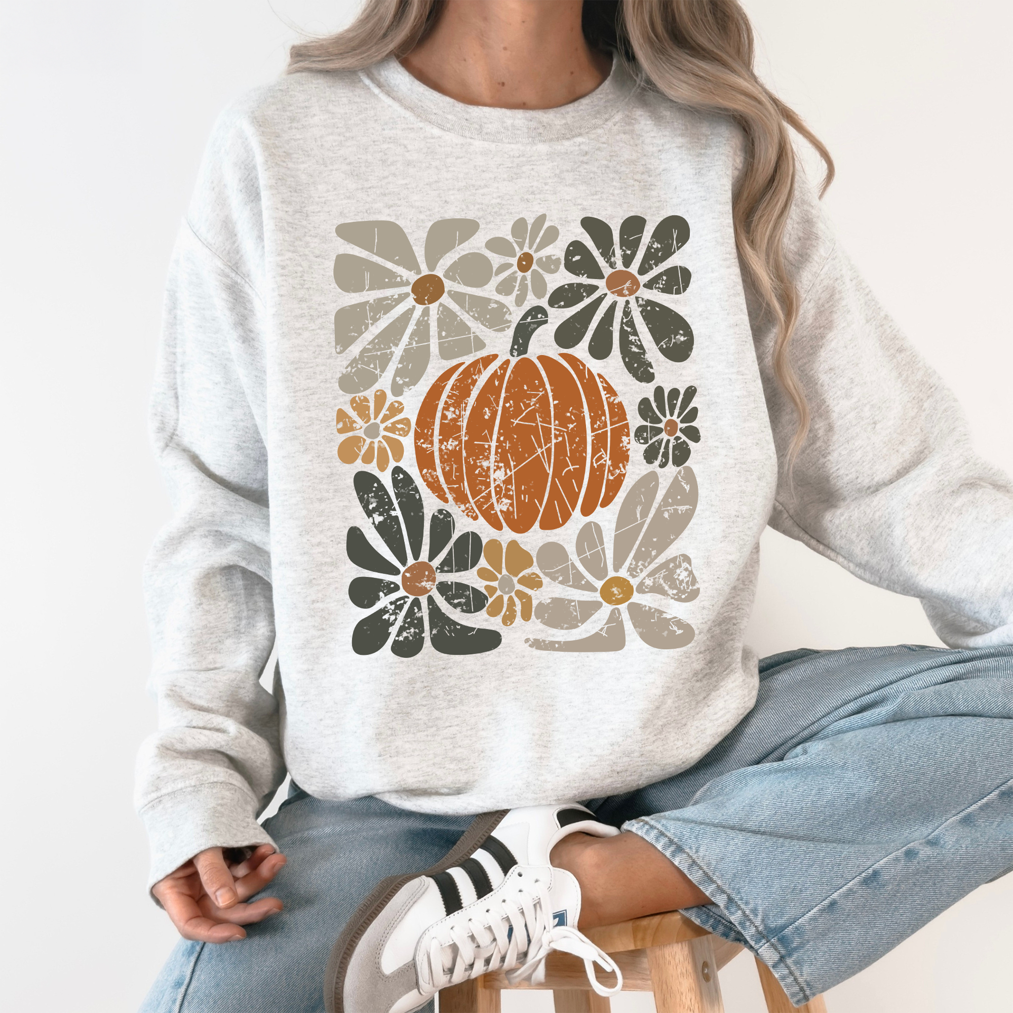 Retro Autumn Floral Pocket With Sunflowers Pumpkins Leaves And Seasonal Cozy Charm Sweatshirt