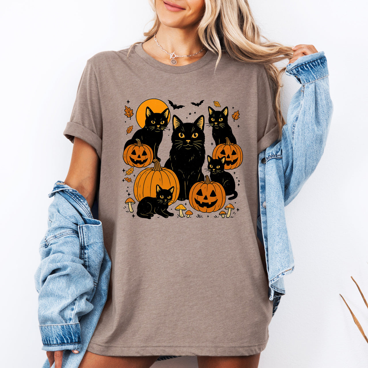 Retro Black Cats And Pumpkins Halloween Spooky Night Vintage Illustration Edition Graphic Tee
