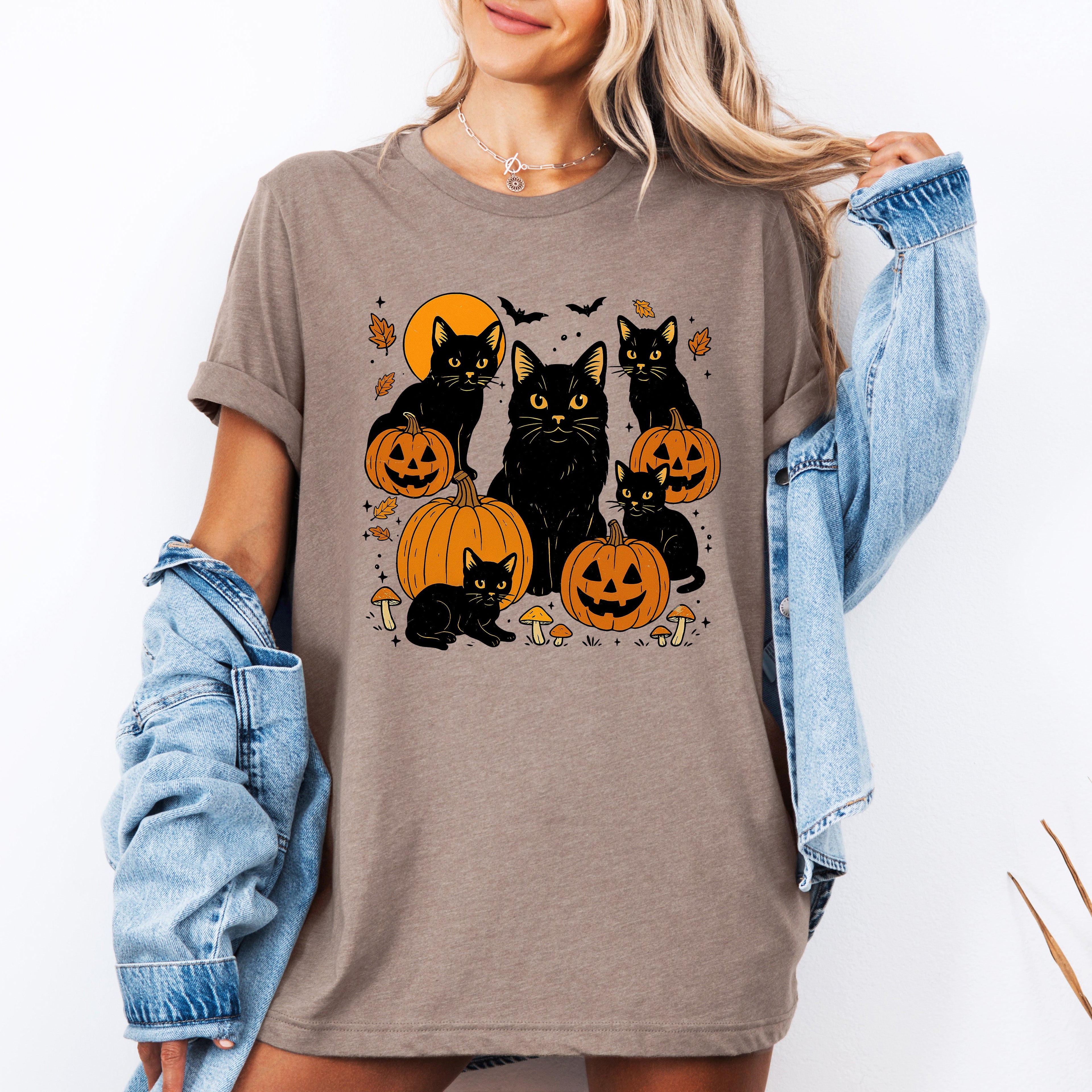 Retro Black Cats And Pumpkins Halloween Spooky Night Vintage Illustration Edition Graphic Tee