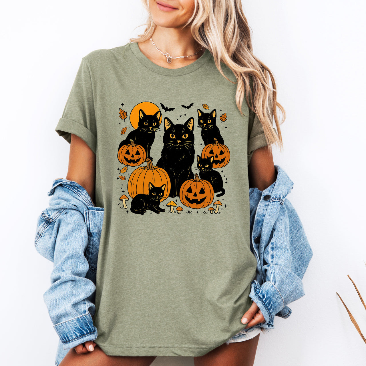 Retro Black Cats And Pumpkins Halloween Spooky Night Vintage Illustration Edition Graphic Tee