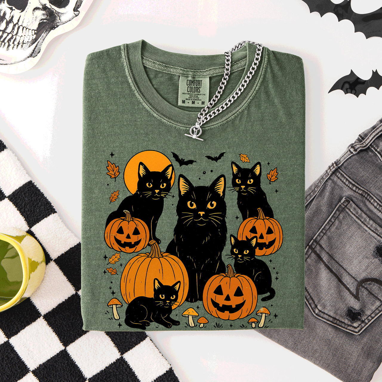 Retro Black Cats And Pumpkins Halloween Spooky Night Scene Edition Comfort Colors Tee