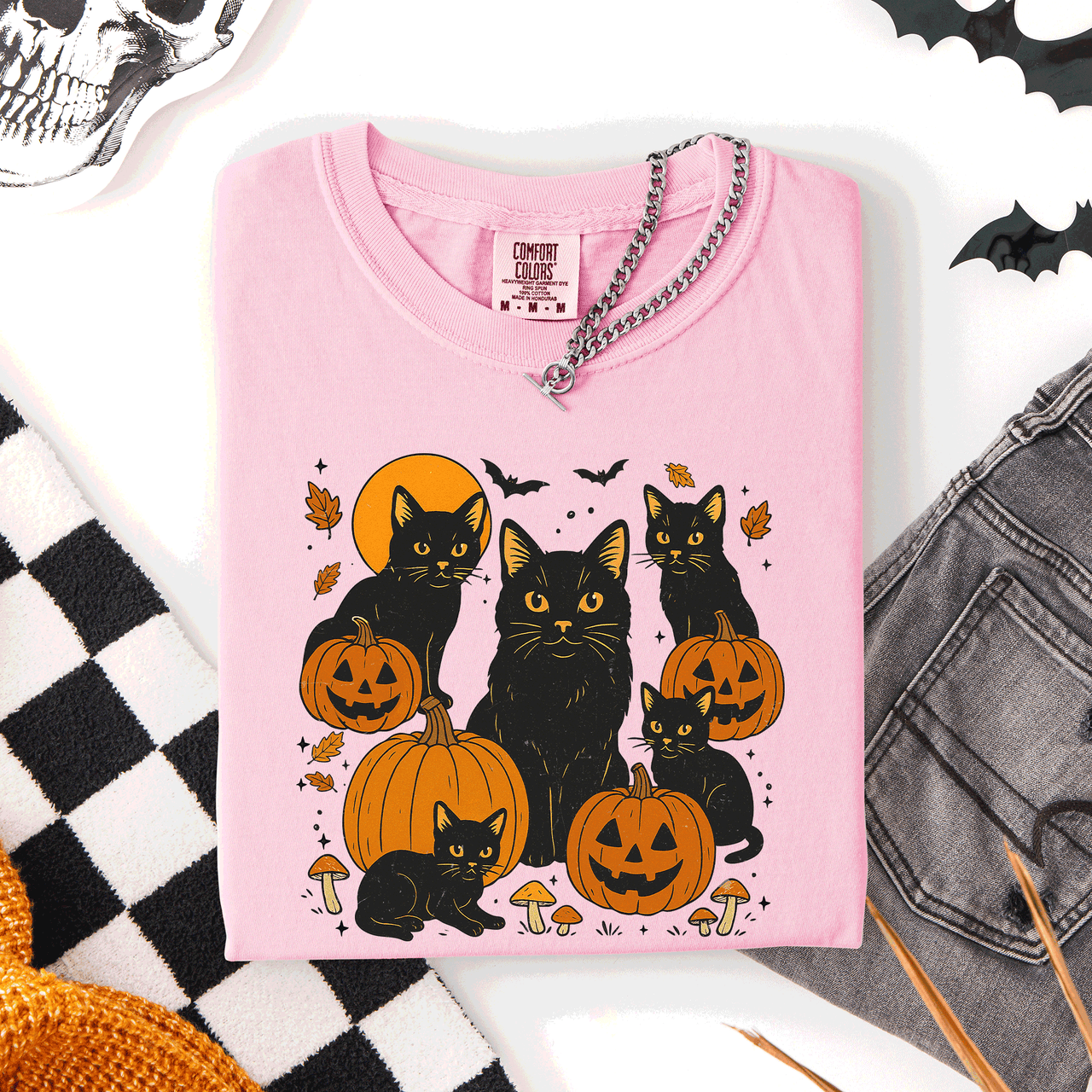 Retro Black Cats And Pumpkins Halloween Spooky Night Scene Edition Comfort Colors Tee