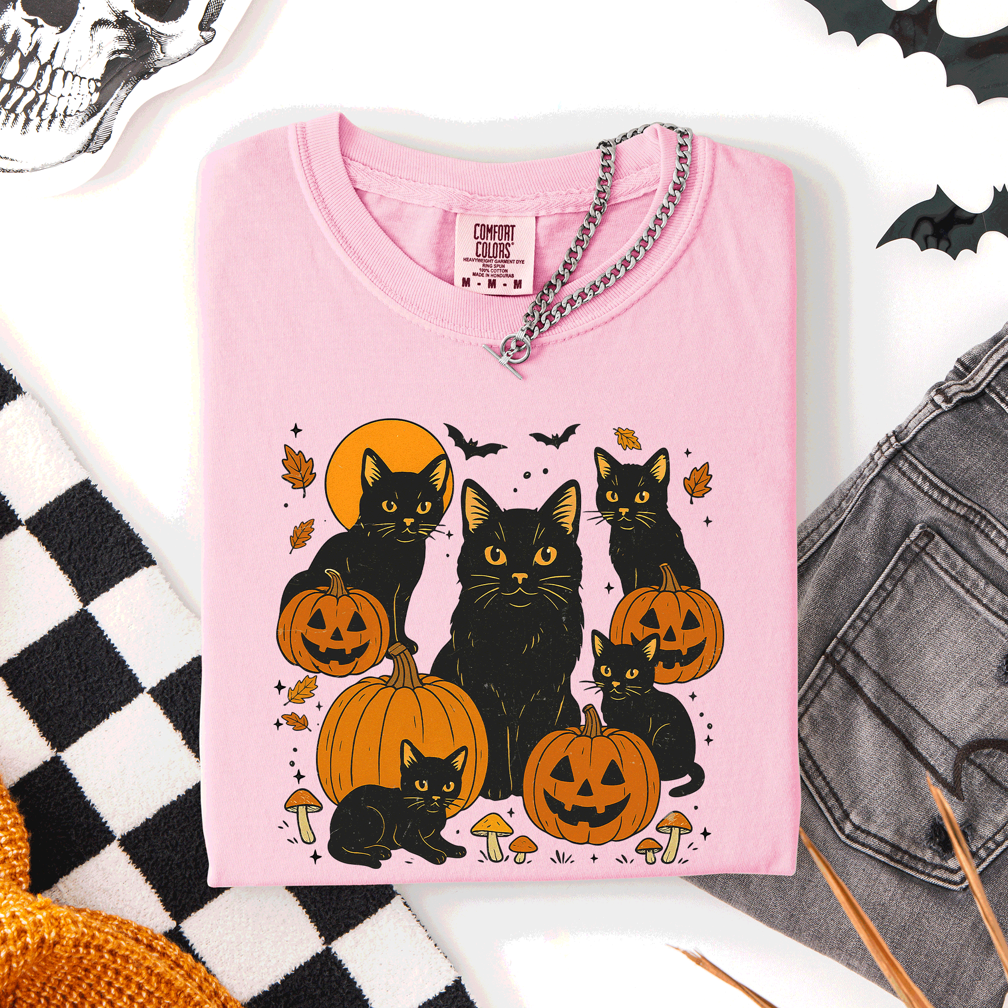Retro Black Cats And Pumpkins Halloween Spooky Night Scene Edition Comfort Colors Tee