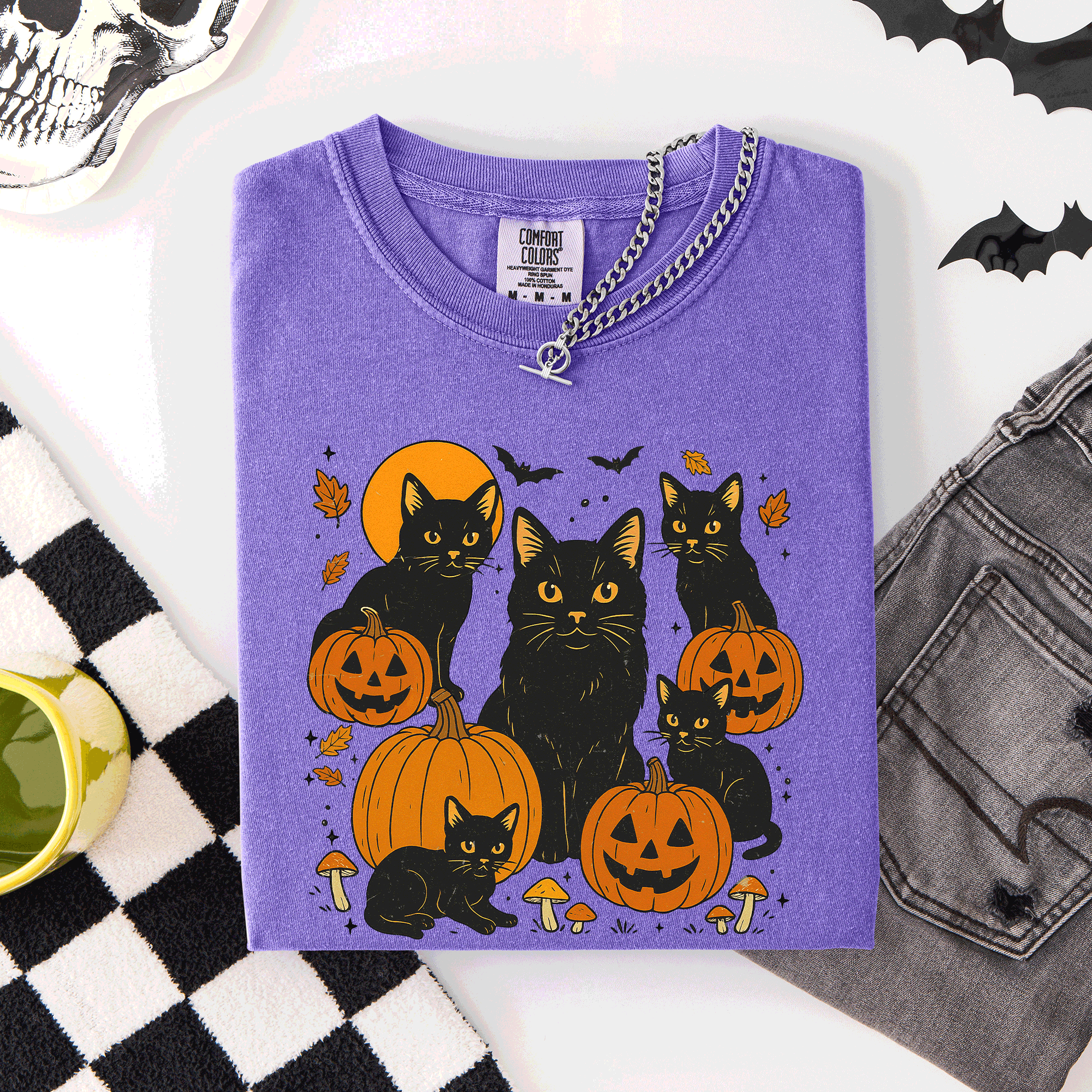 Retro Black Cats And Pumpkins Halloween Spooky Night Scene Edition Comfort Colors Tee