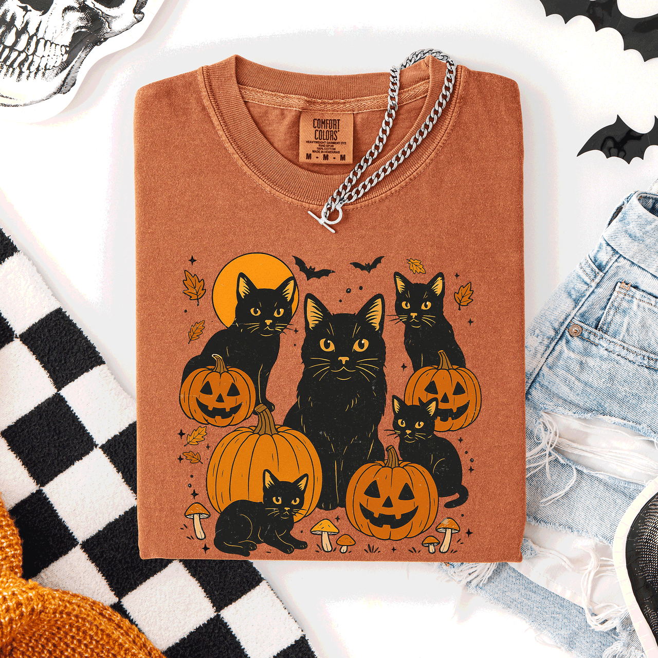 Retro Black Cats And Pumpkins Halloween Spooky Night Scene Edition Comfort Colors Tee