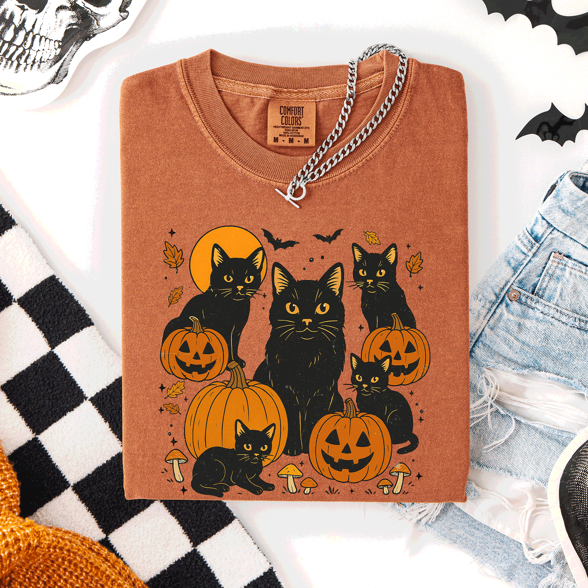 Retro Black Cats And Pumpkins Halloween Spooky Night Scene Edition Comfort Colors Tee