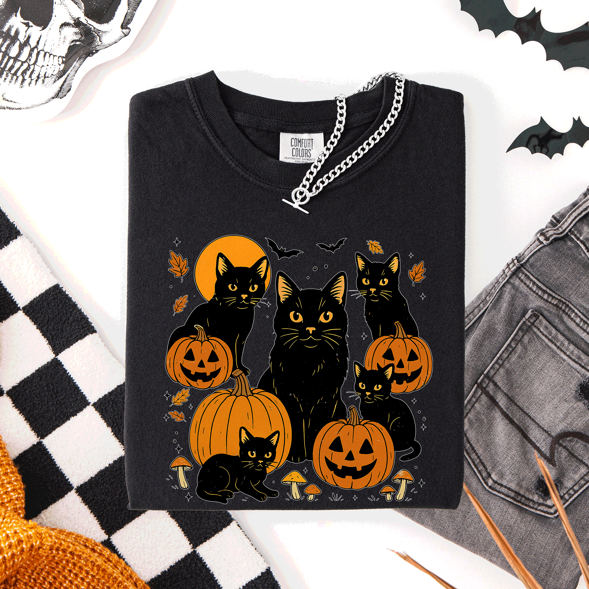 Retro Black Cats And Pumpkins Halloween Spooky Night Scene Edition Comfort Colors Tee