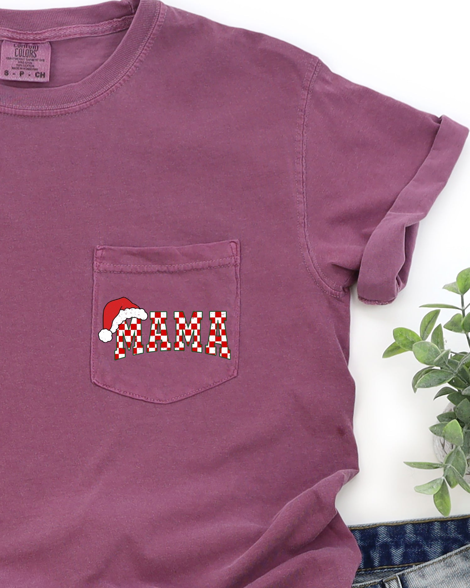 Retro Christmas Mama Checkered Pocket Santa Snow Winter Xmas Edition Comfort Colors Tee
