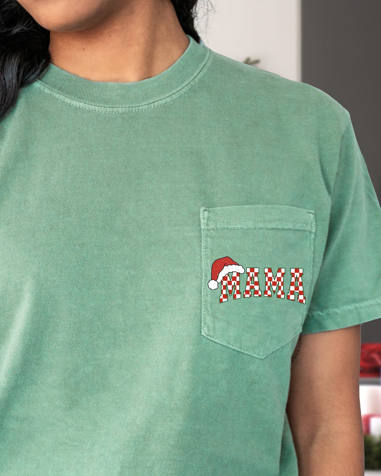 Retro Christmas Mama Checkered Pocket Santa Snow Winter Xmas Edition Comfort Colors Tee