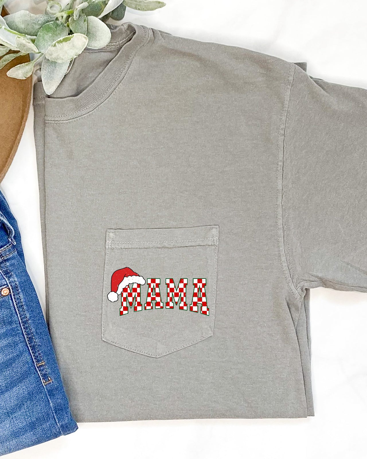 Retro Christmas Mama Checkered Pocket Santa Snow Winter Xmas Edition Comfort Colors Tee