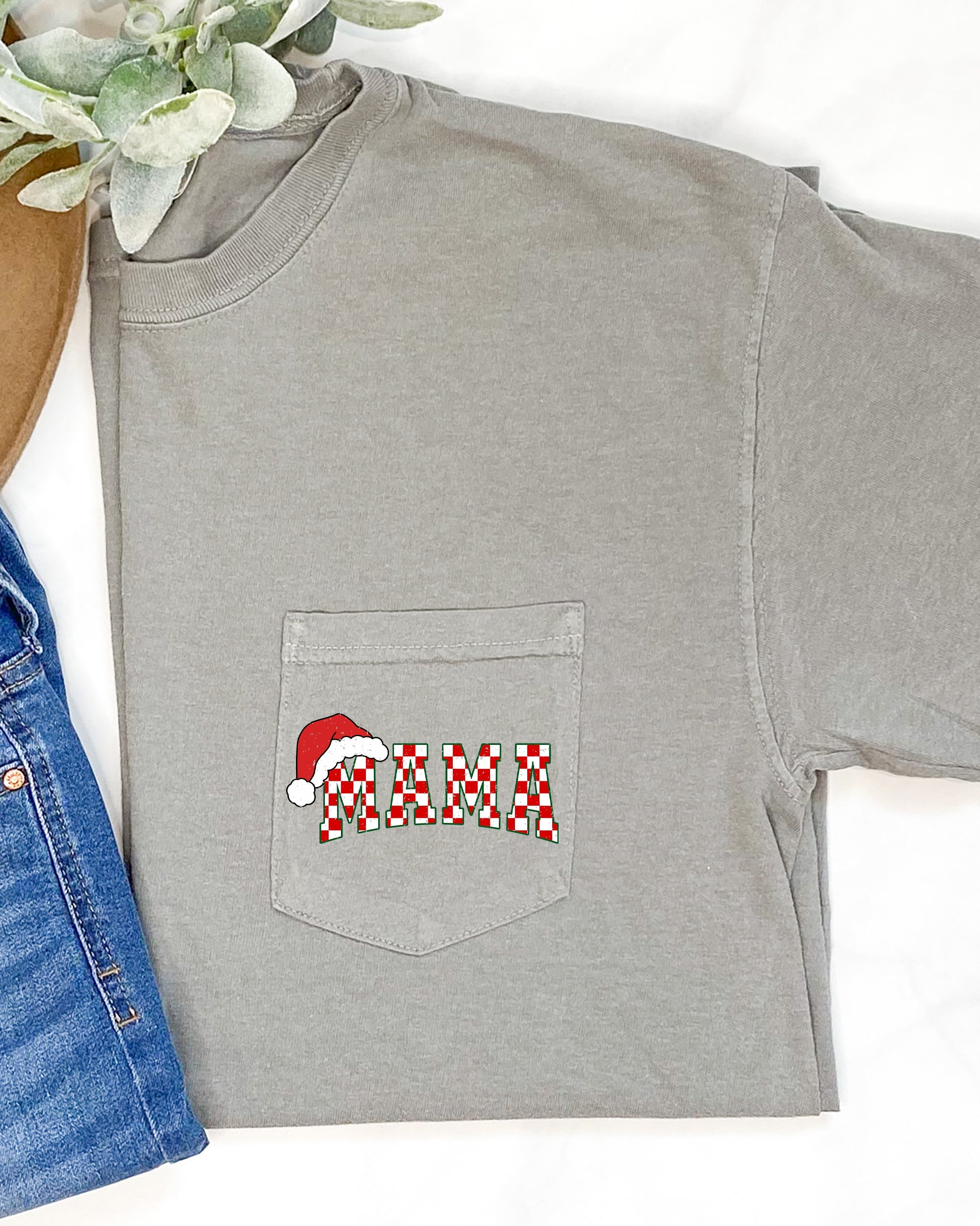 Retro Christmas Mama Checkered Pocket Santa Snow Winter Xmas Edition Comfort Colors Tee