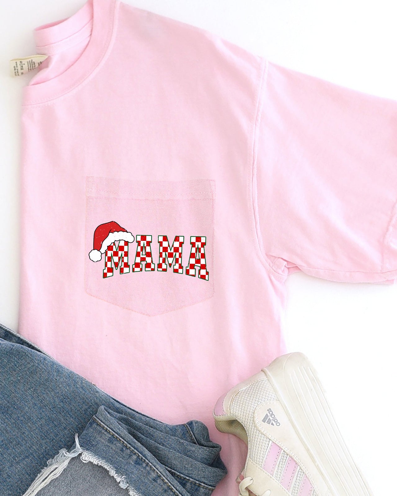 Retro Christmas Mama Checkered Pocket Santa Snow Winter Xmas Edition Comfort Colors Tee