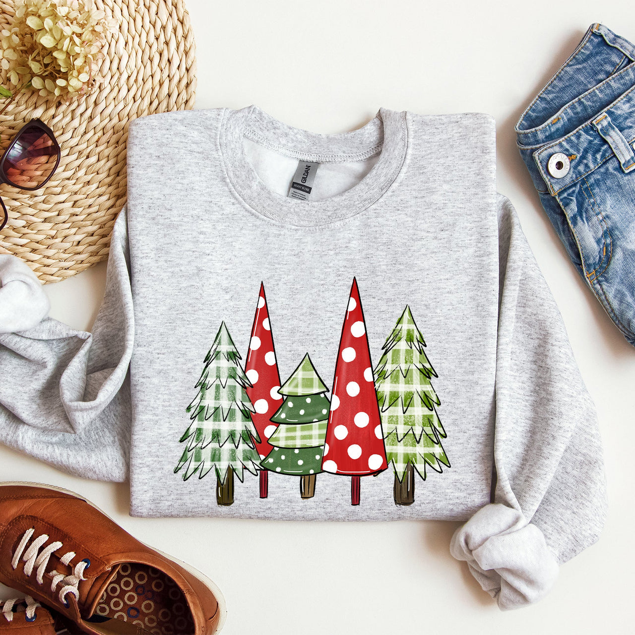 Retro Christmas Trees Winter Snow Santa Vintage Holiday Scenic Print Cozy Sweatshirt