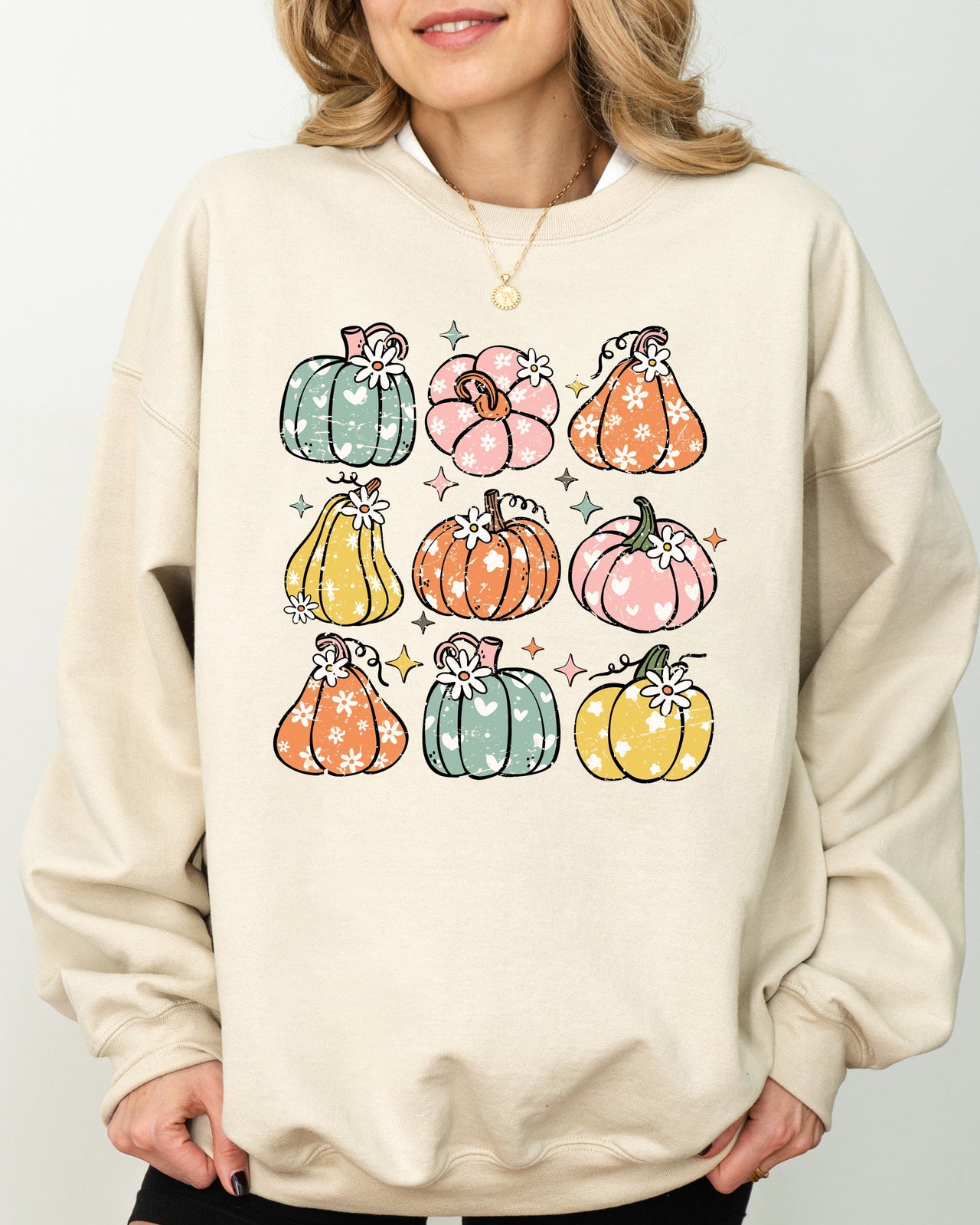 Cozy Retro Colorful Floral Pumpkins Halloween Jack-O-Lantern Fall Autumn Sweatshirt
