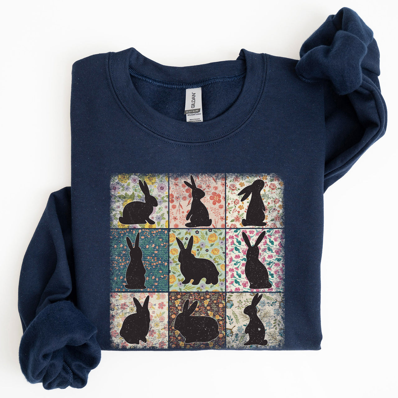 Retro Floral Print Featuring Easter Bunnies And Patchwork Quilt Patterns Sweatshirt