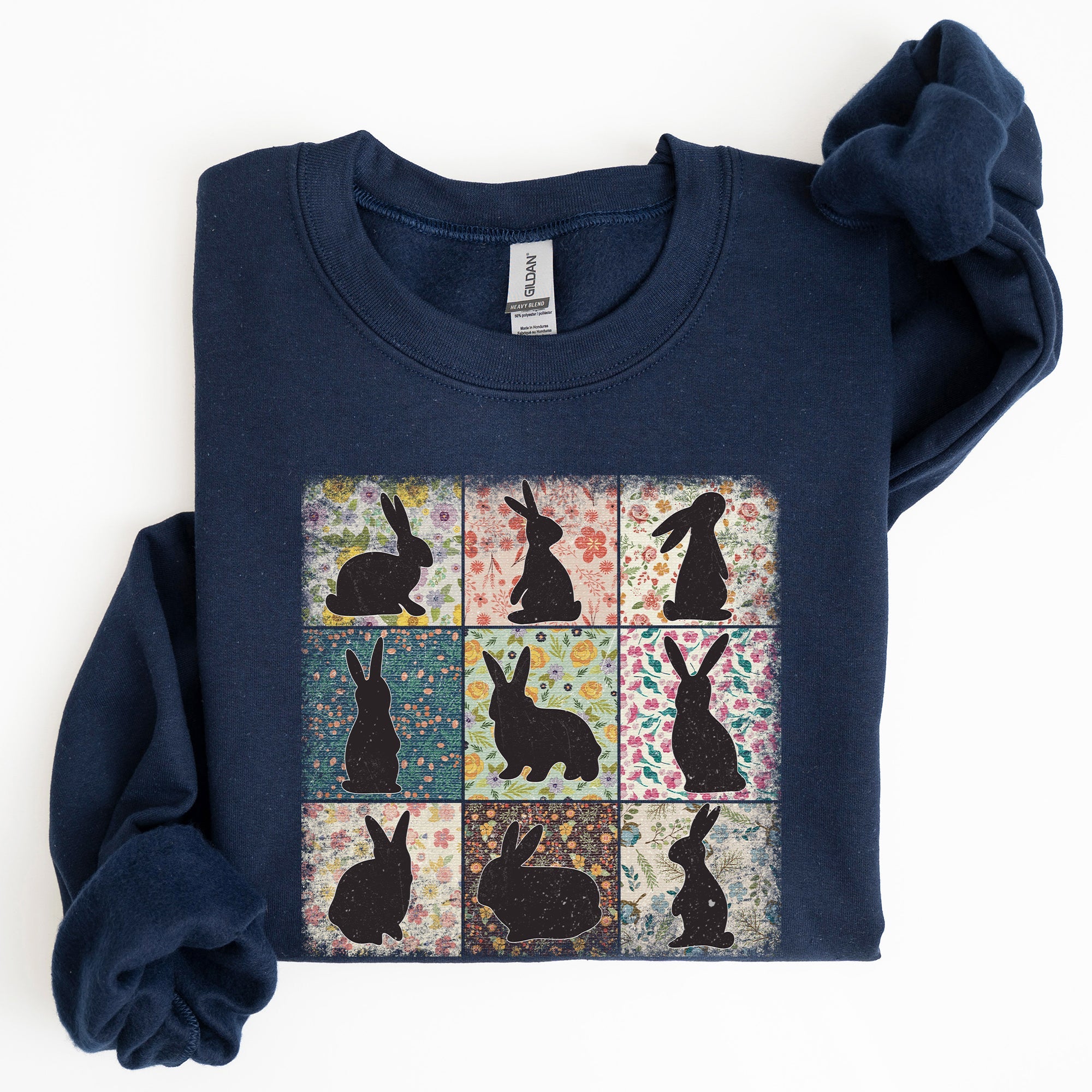 Retro Floral Print Featuring Easter Bunnies And Patchwork Quilt Patterns Sweatshirt