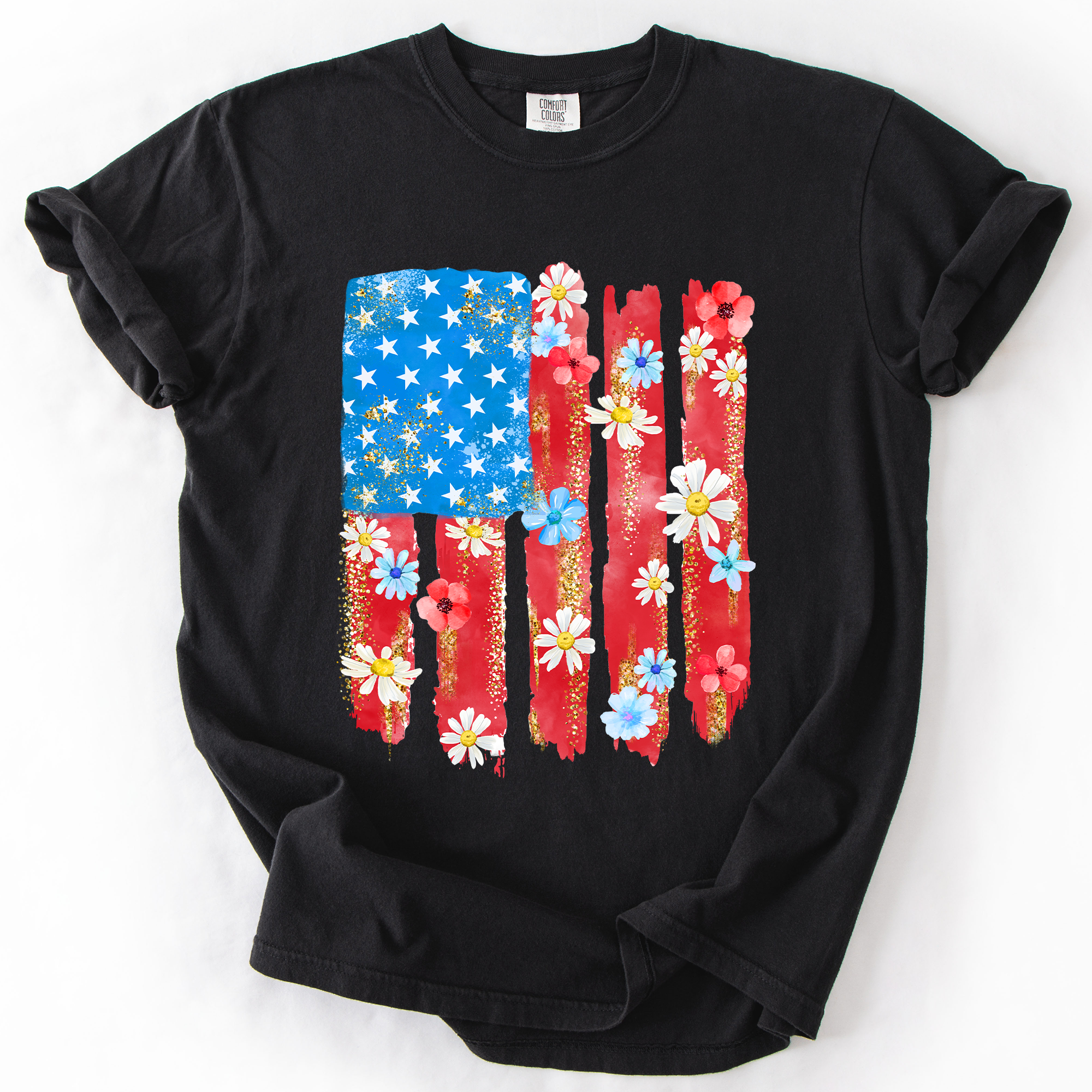 Retro Flower Flag Fourth Of July America Patriotic USA Floral Design Comfort Colors Tee