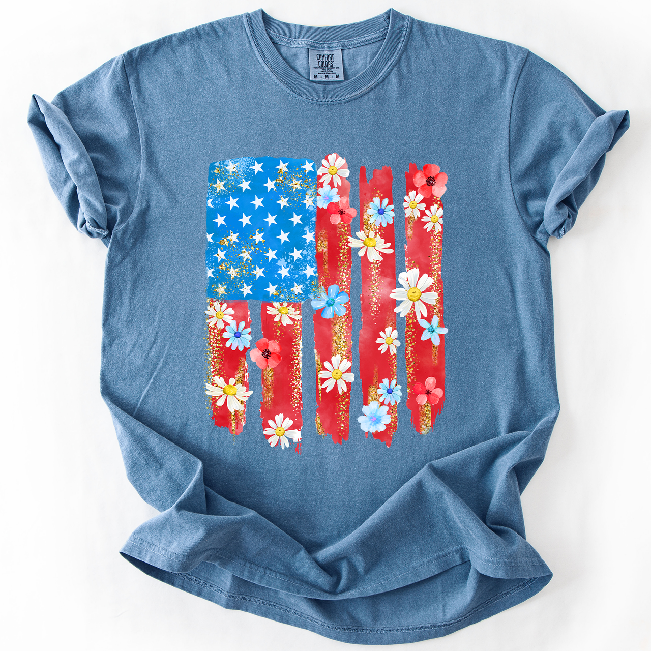 Retro Flower Flag Fourth Of July America Patriotic USA Floral Design Comfort Colors Tee