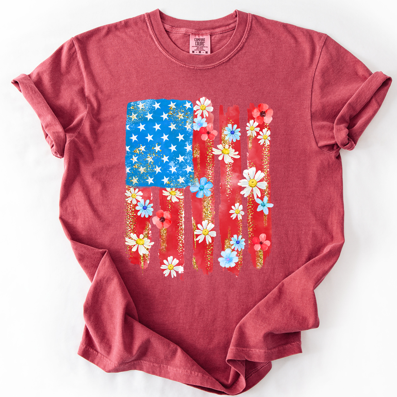 Retro Flower Flag Fourth Of July America Patriotic USA Floral Design Comfort Colors Tee