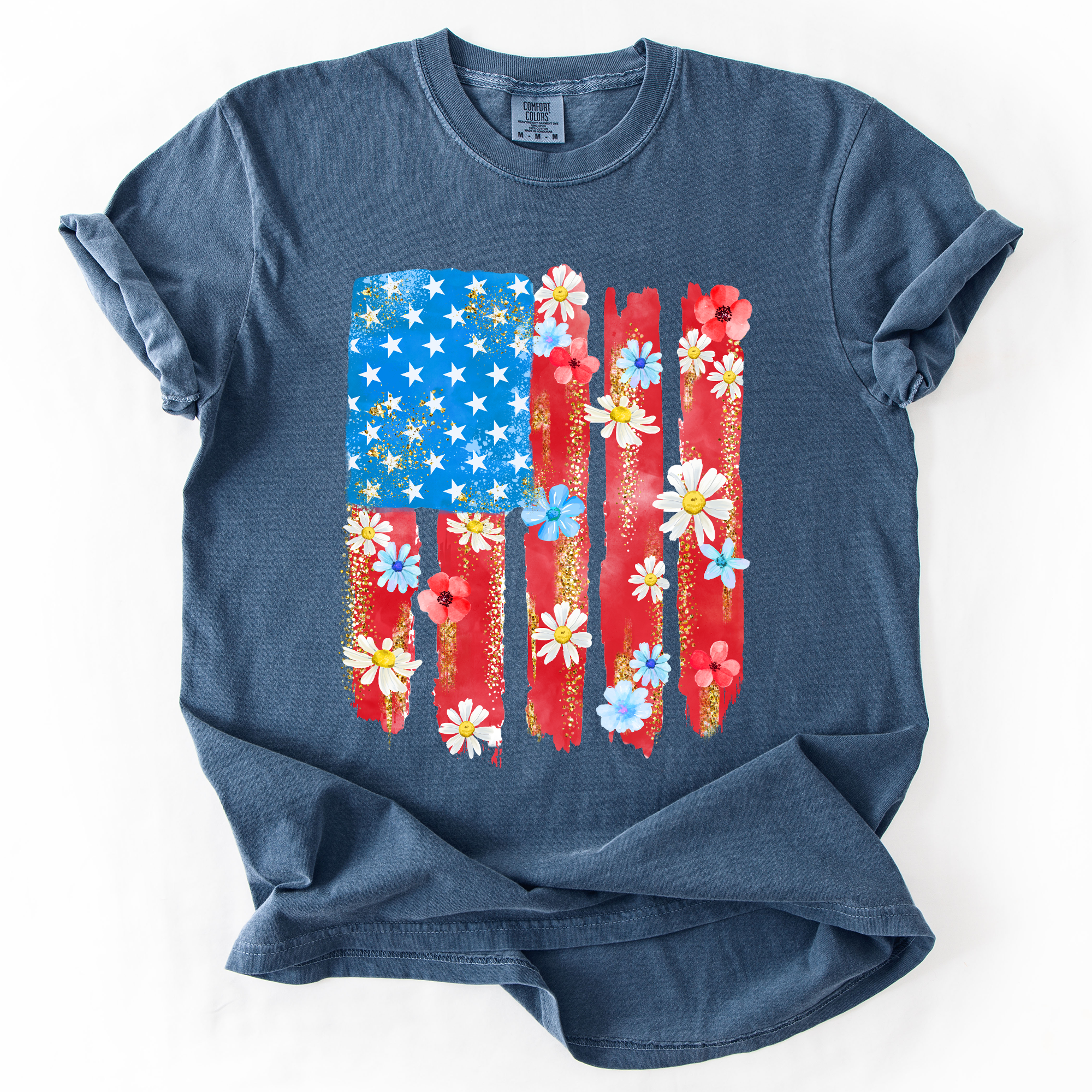 Retro Flower Flag Fourth Of July America Patriotic USA Floral Design Comfort Colors Tee