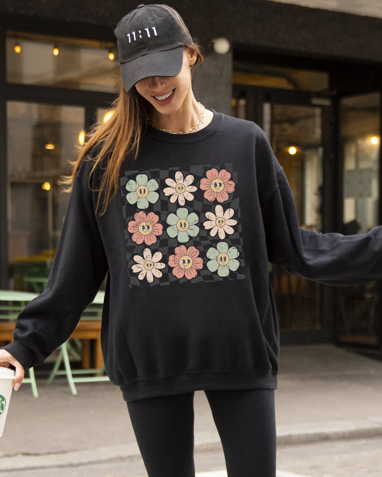 Retro Flowers Checkered Daisies Hippie Cute Positivity Vintage Floral Motif Across Checkerboard Panels Sweatshirt