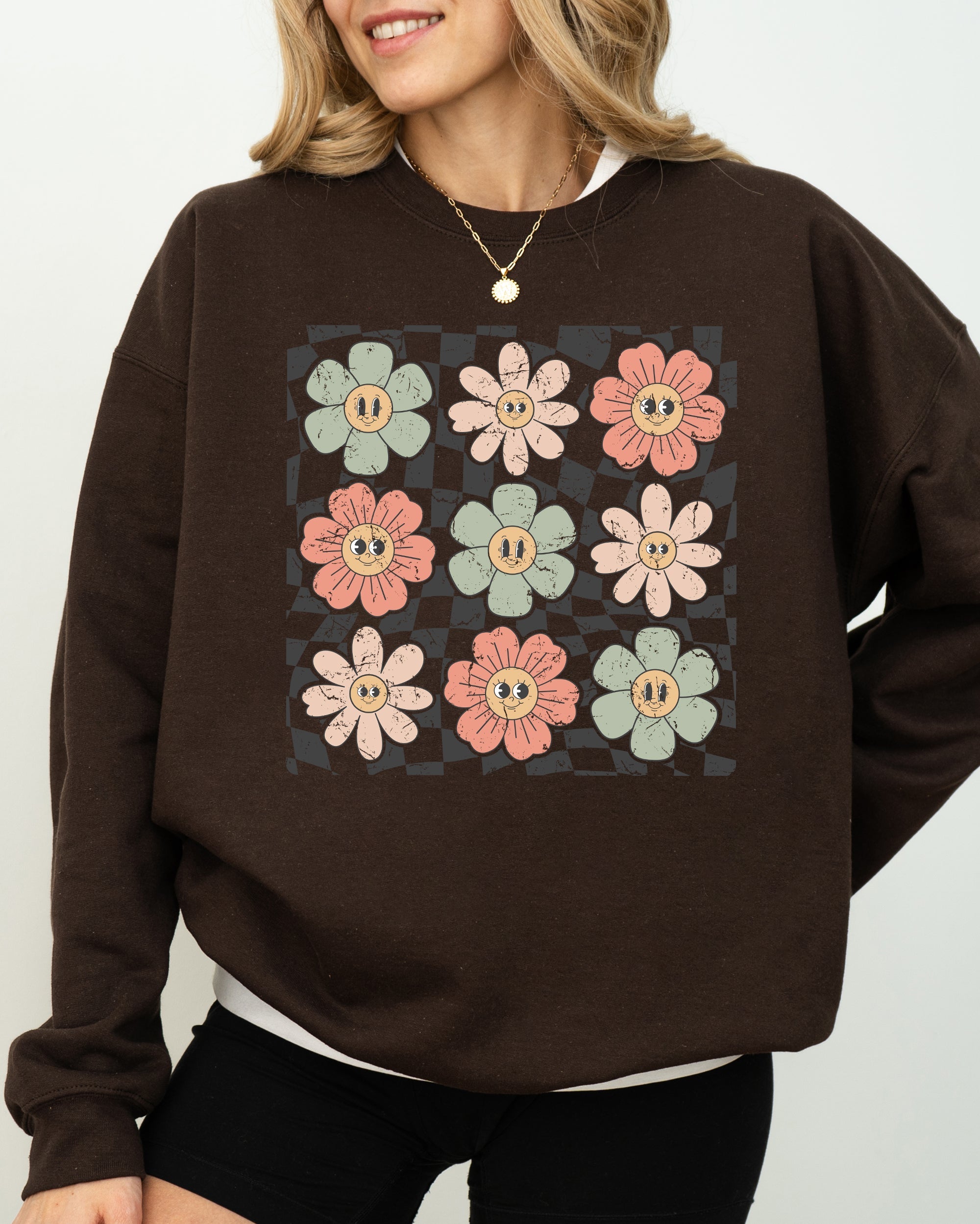 Retro Flowers Checkered Daisies Hippie Cute Positivity Vintage Floral Motif Across Checkerboard Panels Sweatshirt