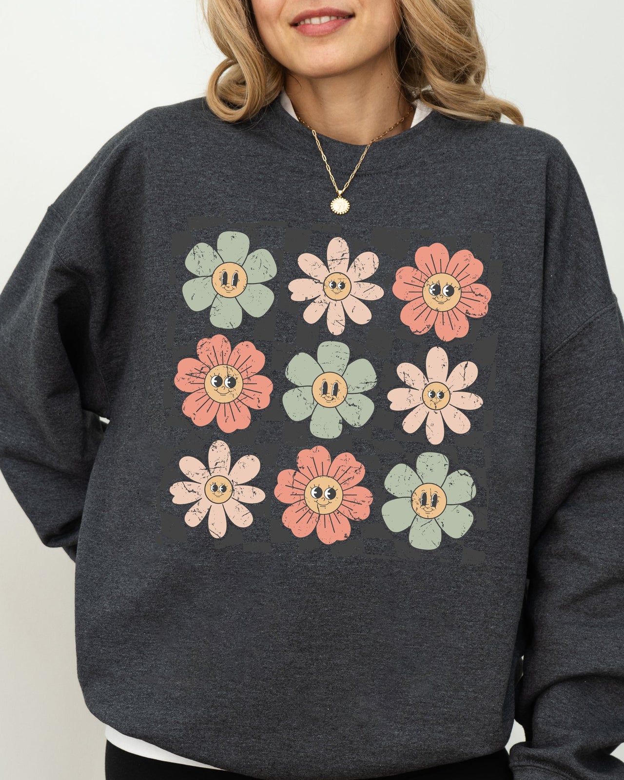 Retro Flowers Checkered Daisies Hippie Cute Positivity Vintage Floral Motif Across Checkerboard Panels Sweatshirt