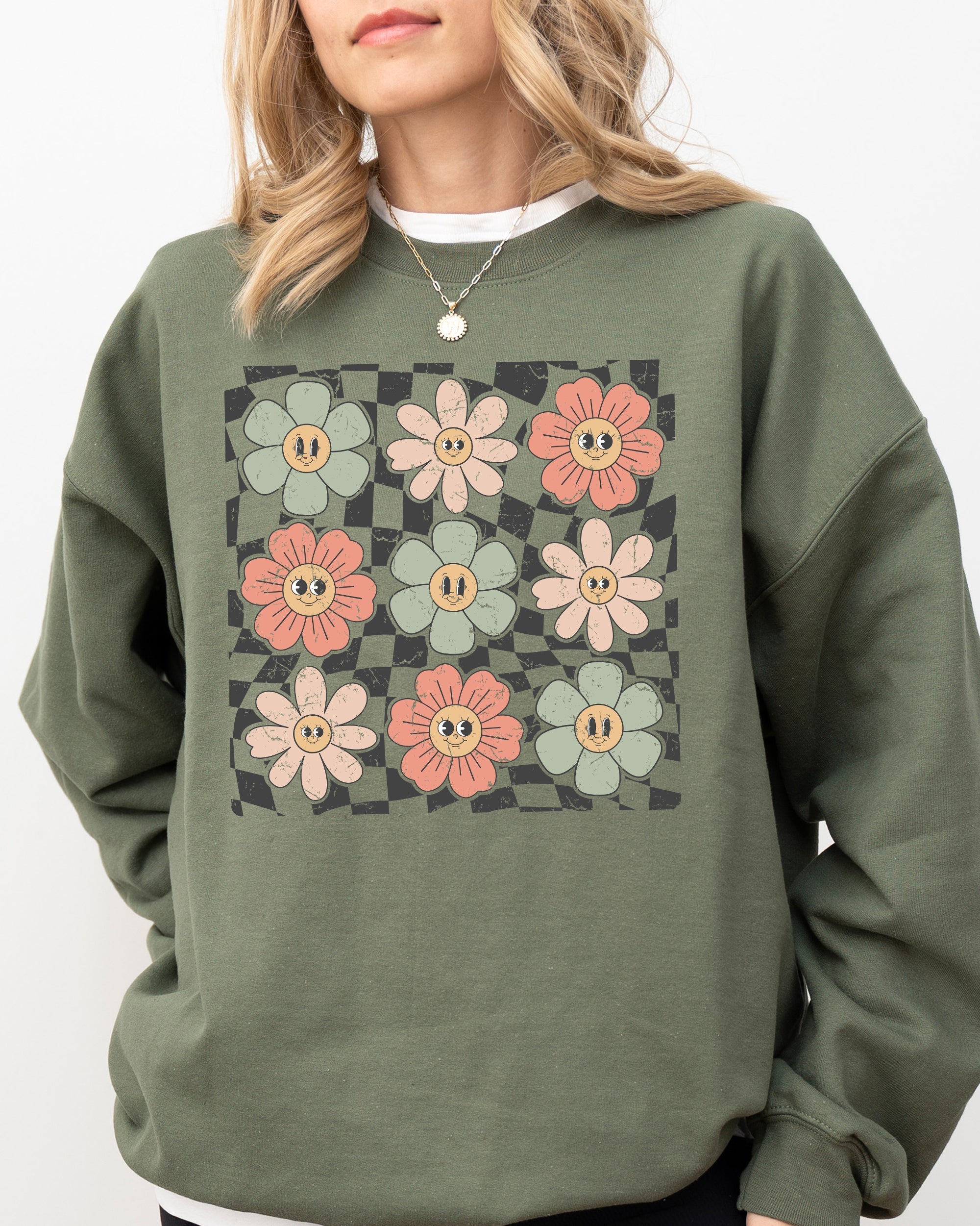 Retro Flowers Checkered Daisies Hippie Cute Positivity Vintage Floral Motif Across Checkerboard Panels Sweatshirt