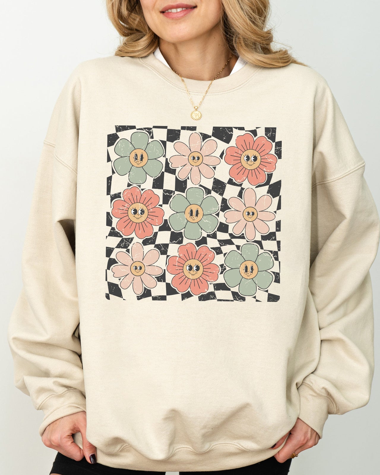 Retro Flowers Checkered Daisies Hippie Cute Positivity Vintage Floral Motif Across Checkerboard Panels Sweatshirt