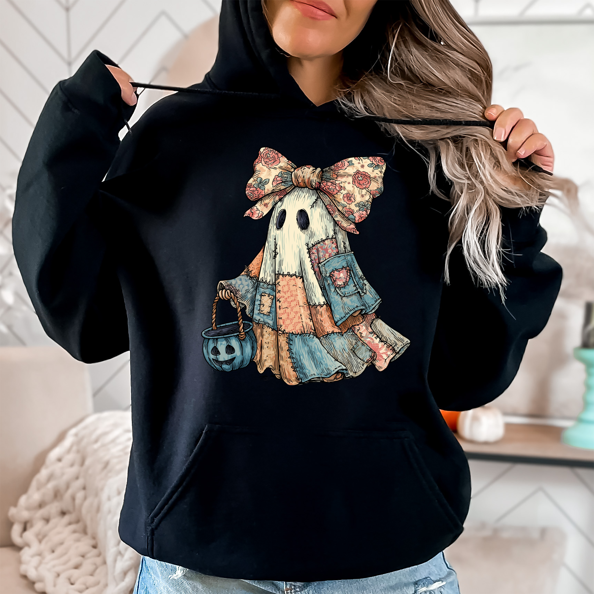 Retro Halloween Faux Denim Ghost Patchwork Spooky Ghost Coquette Hooded Sweatshirt
